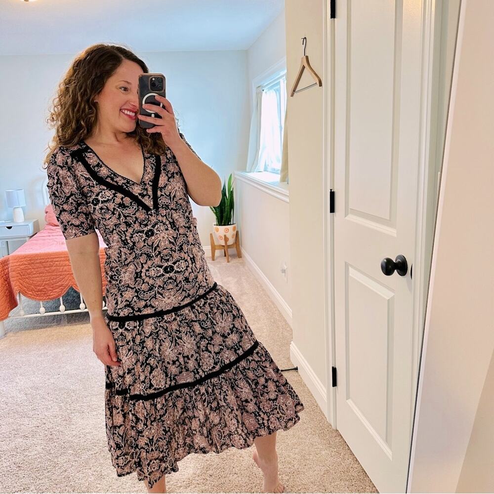 BB Dakota Steve Madden Pink Black Floral Cotton Tiered Maxi Dress XS